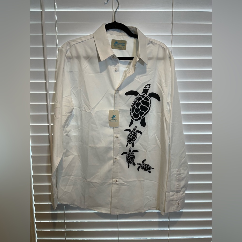 Hawaiian Shirts Mens Medium White Long Sleeve Sea Turtle Graphic Button Down NWT
